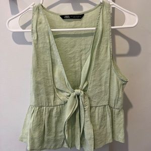 Green linen v-neck top with peplum